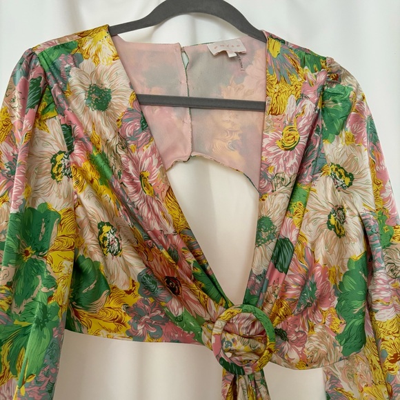 Pink and Green Floral Print Satin Cut Out Open Back Maxi Dress Size Medium - Picture 6 of 9